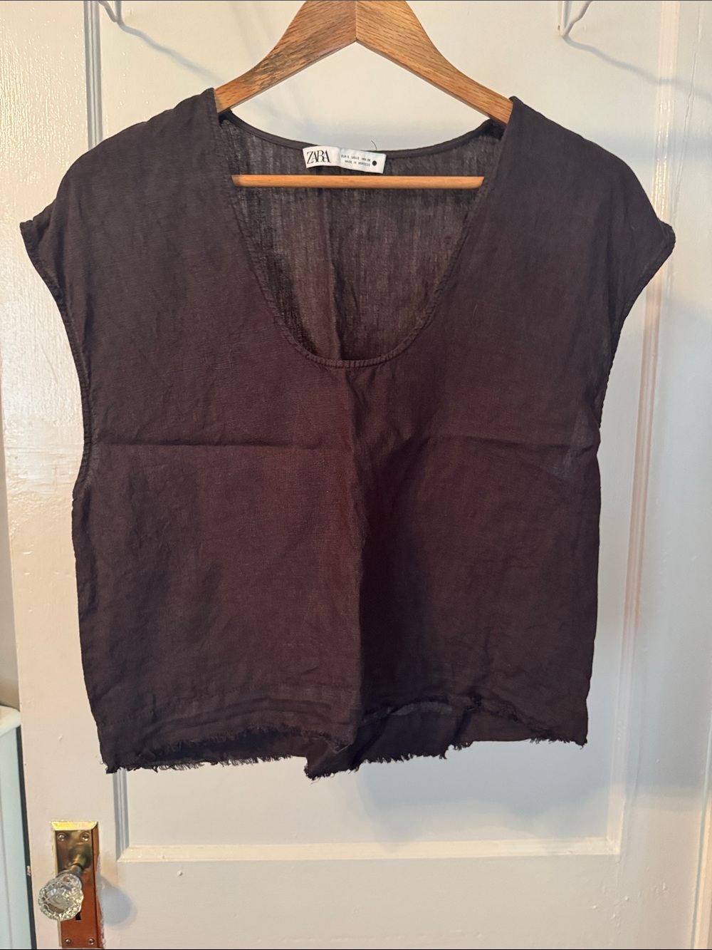 Zara Black 100% Linen Scoop Neck Cropped Tunic Top